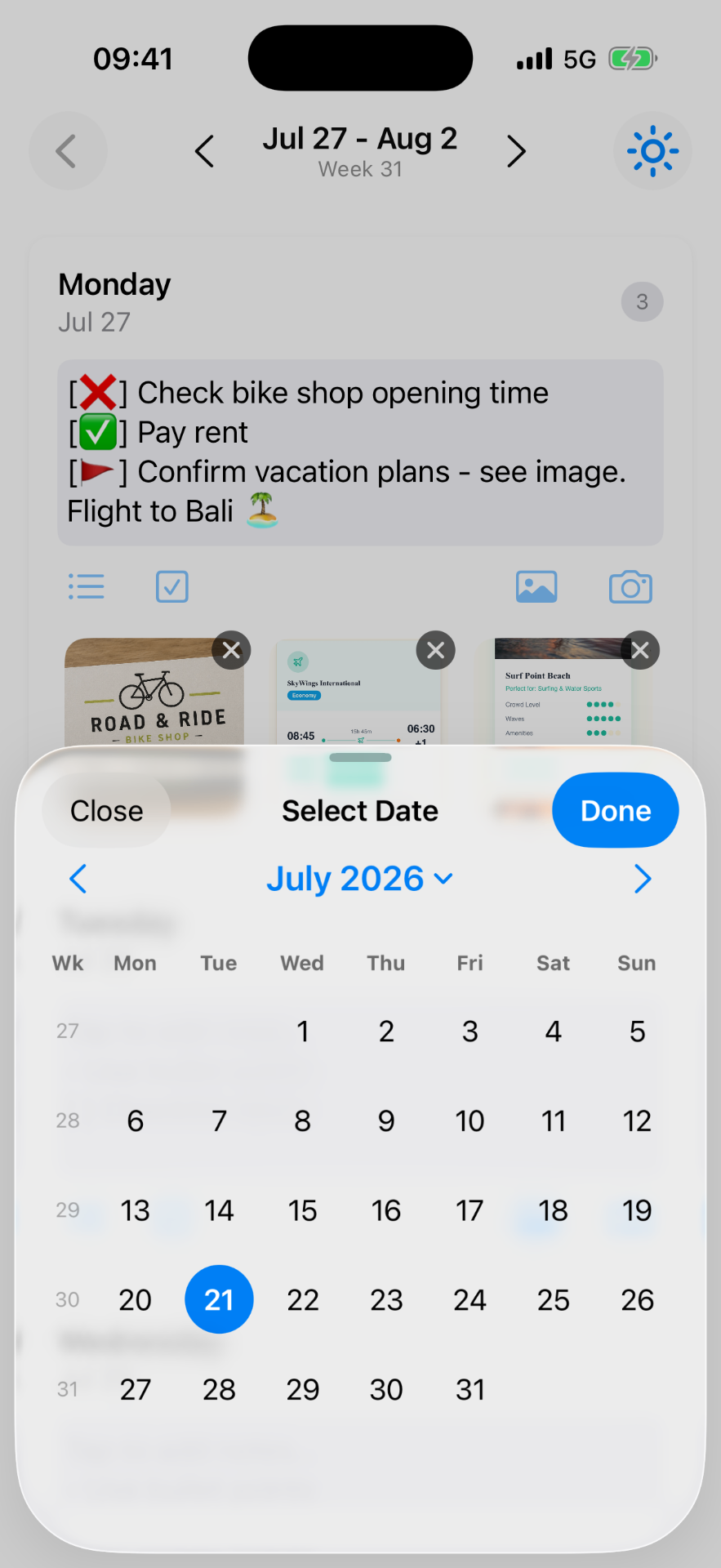 Digital weekly planner app showing a Monday-to-Sunday week view with a date picker
